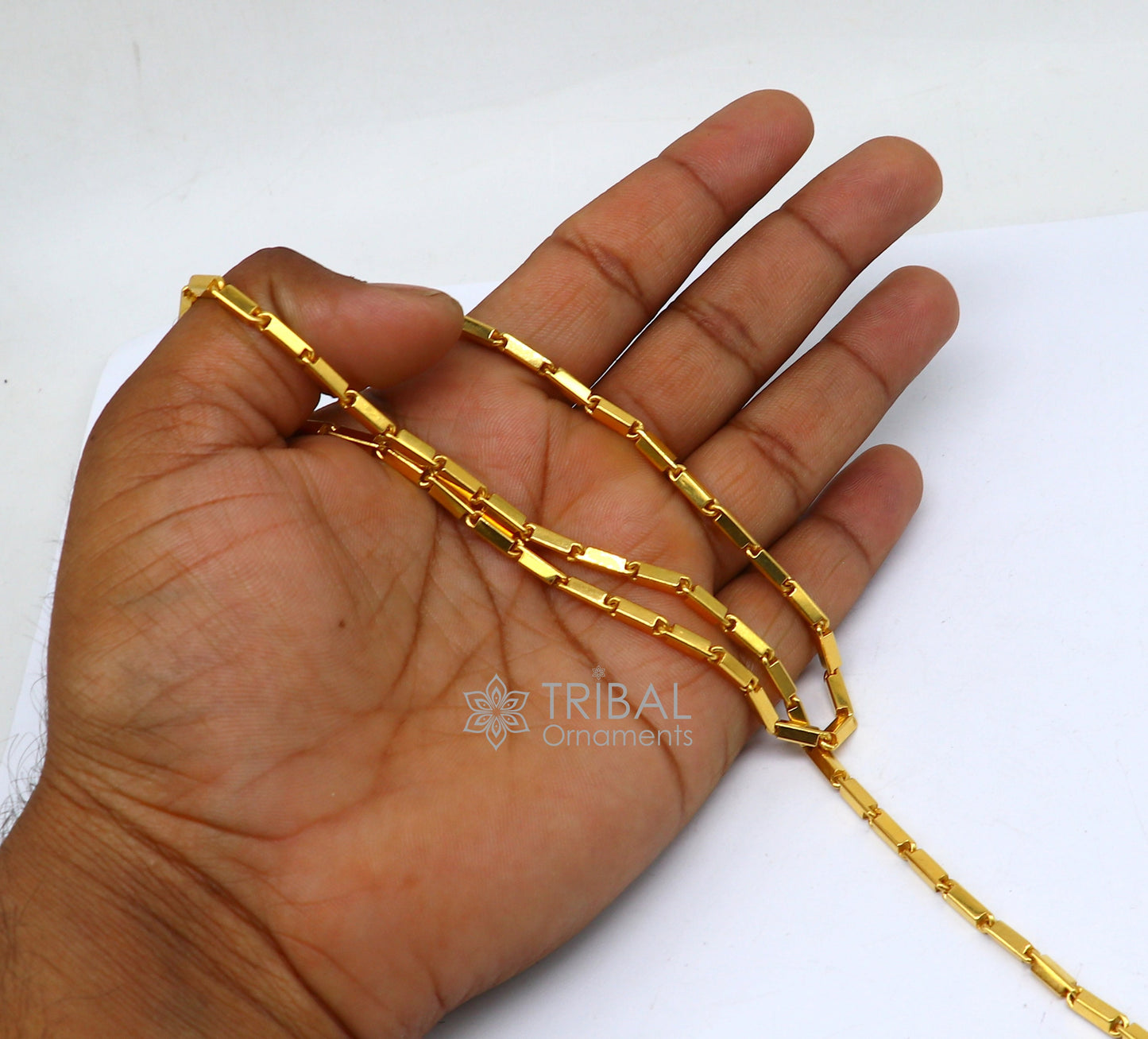 22k yellow gold handmade solid Baht bar chain necklace, 3mm heavy men's traditional jewelry by TRIBAL ORNAMENTS.