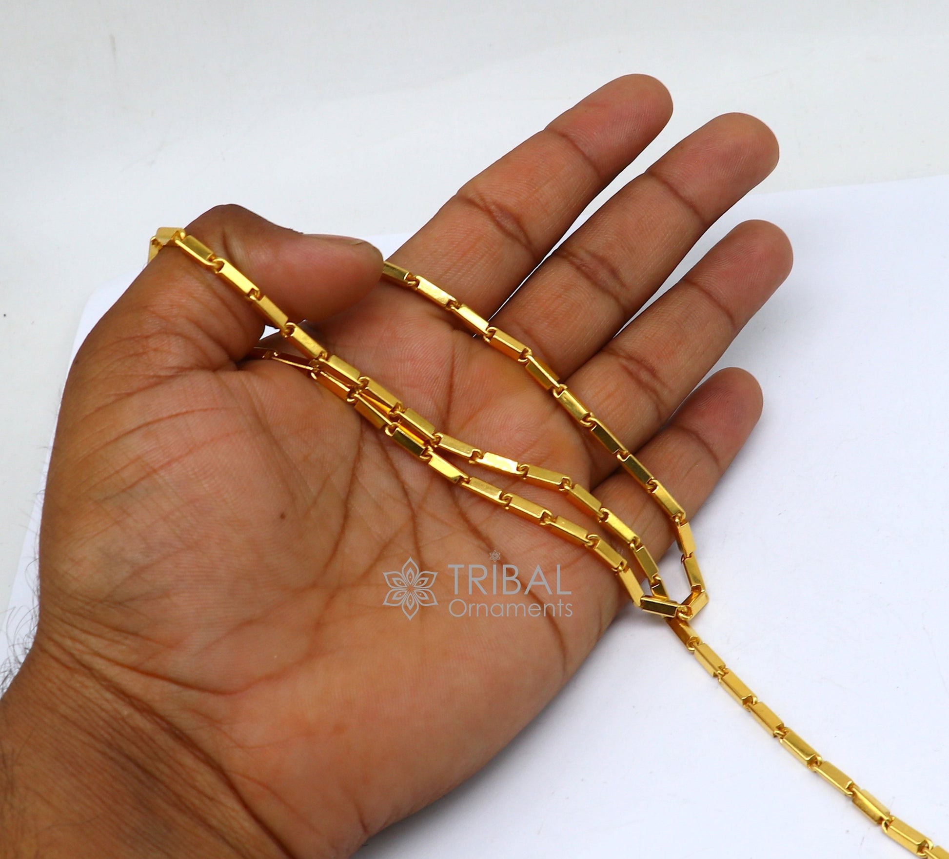 22k yellow gold handmade solid Baht bar chain necklace, 3mm heavy men's traditional jewelry by TRIBAL ORNAMENTS.