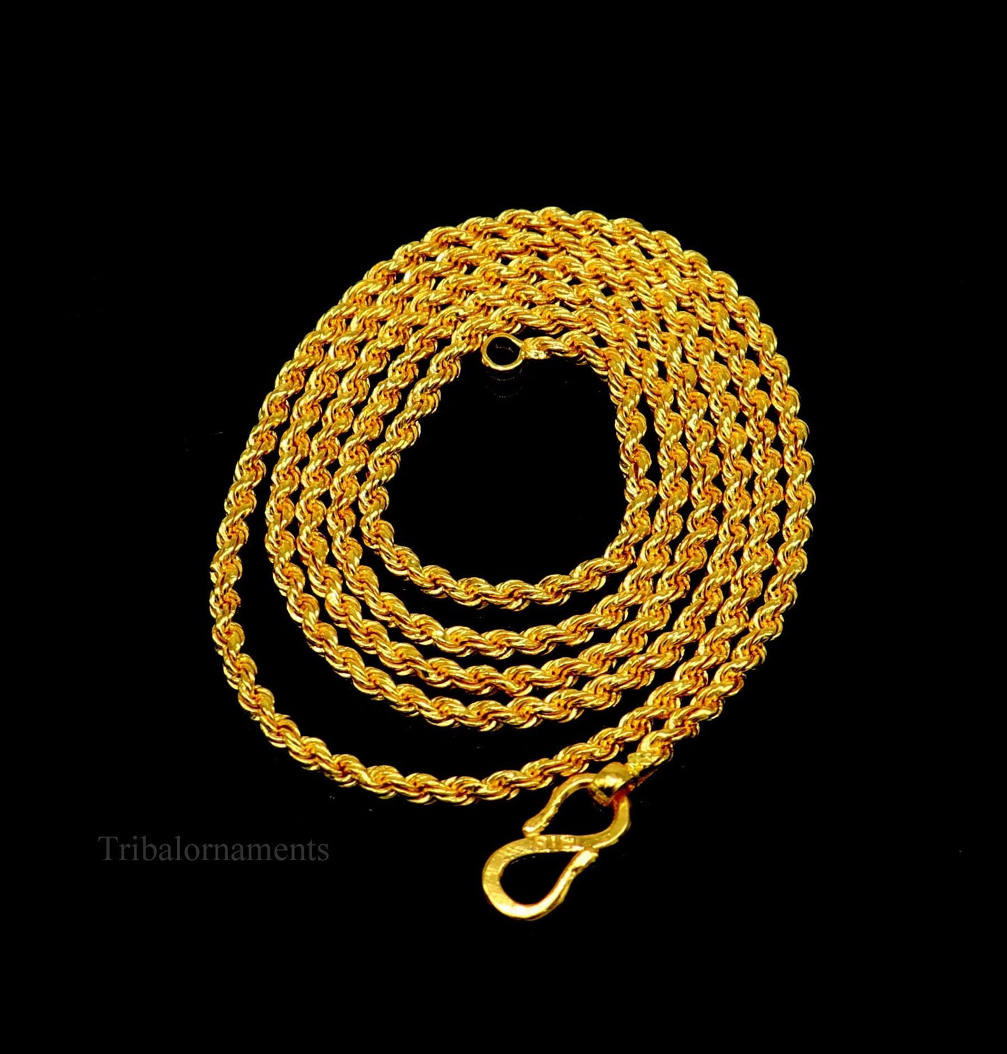 22k yellow gold handmade twisted rope chain necklace, 2mm wide, unisex solid gold jewelry by TRIBAL ORNAMENTS.