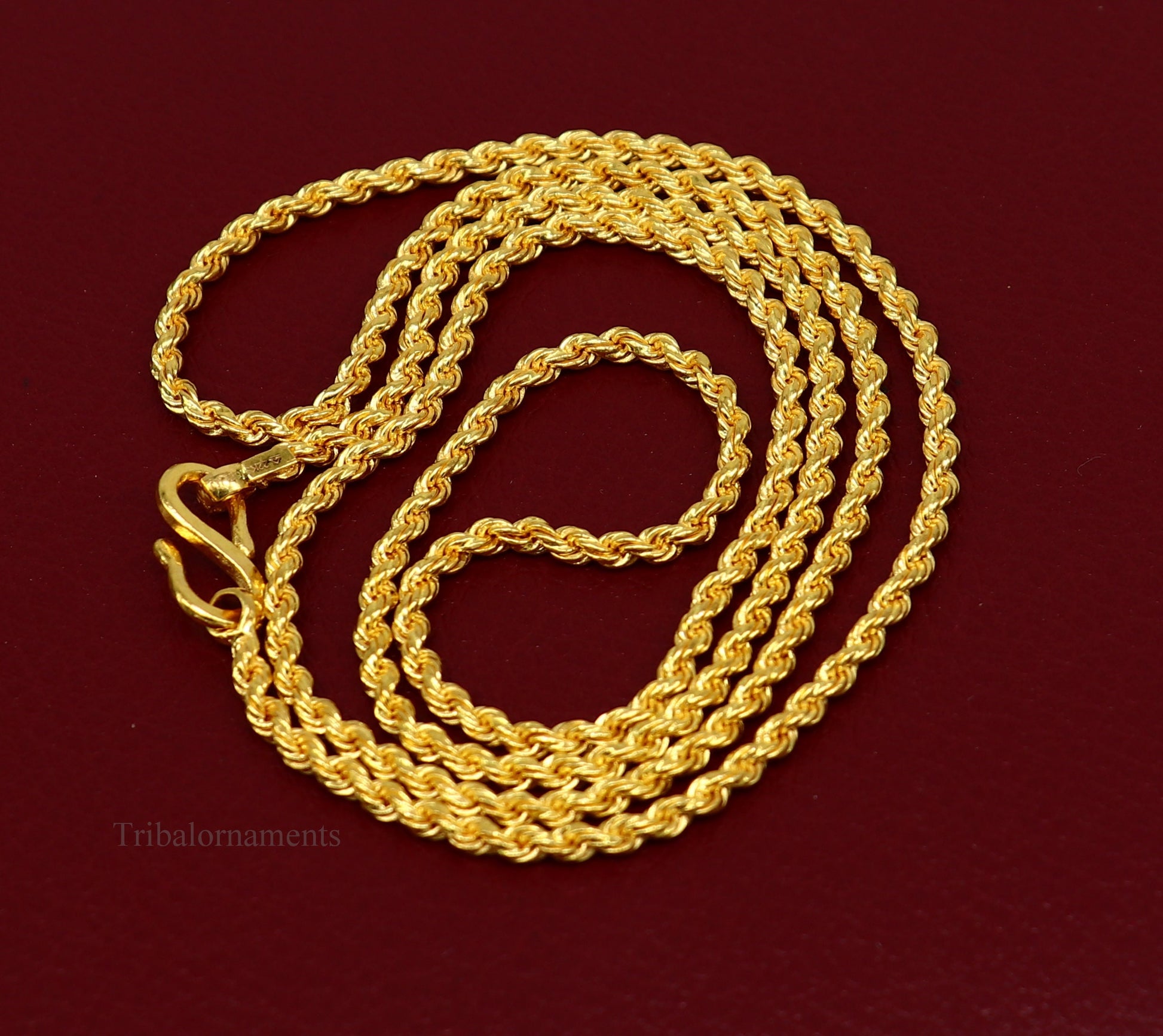 22k yellow gold handmade twisted rope chain necklace, 2mm wide, unisex jewelry, solid gold jewelry by TRIBAL ORNAMENTS.