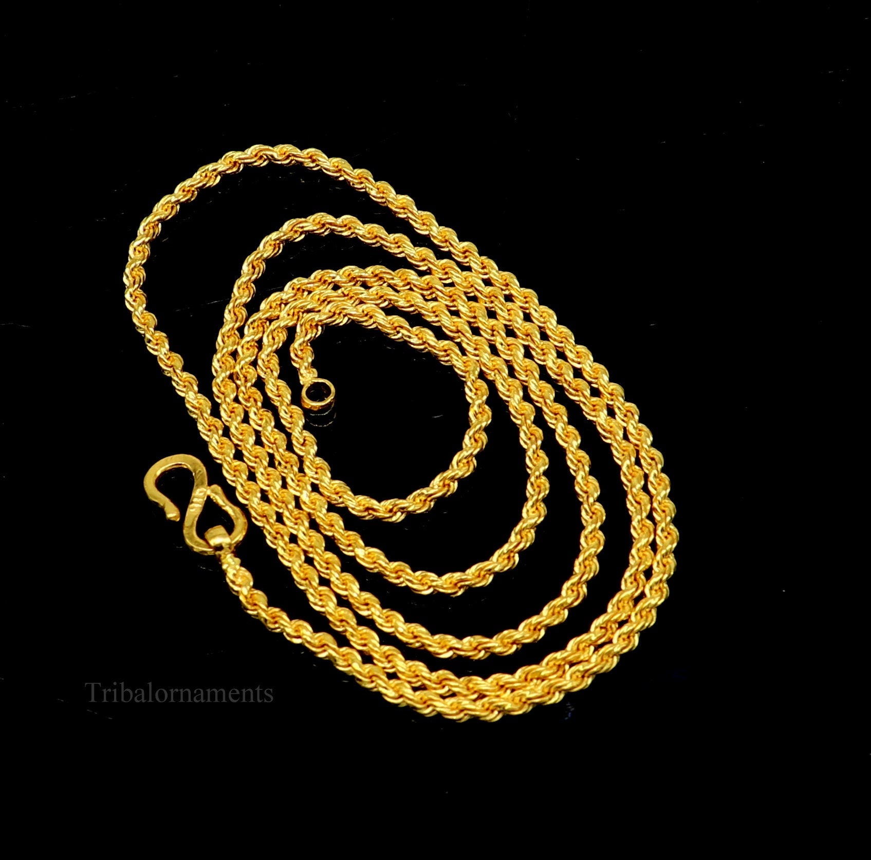 22k yellow gold handmade twisted rope chain necklace, 2mm wide, unisex jewelry with solid design by TRIBAL ORNAMENTS.