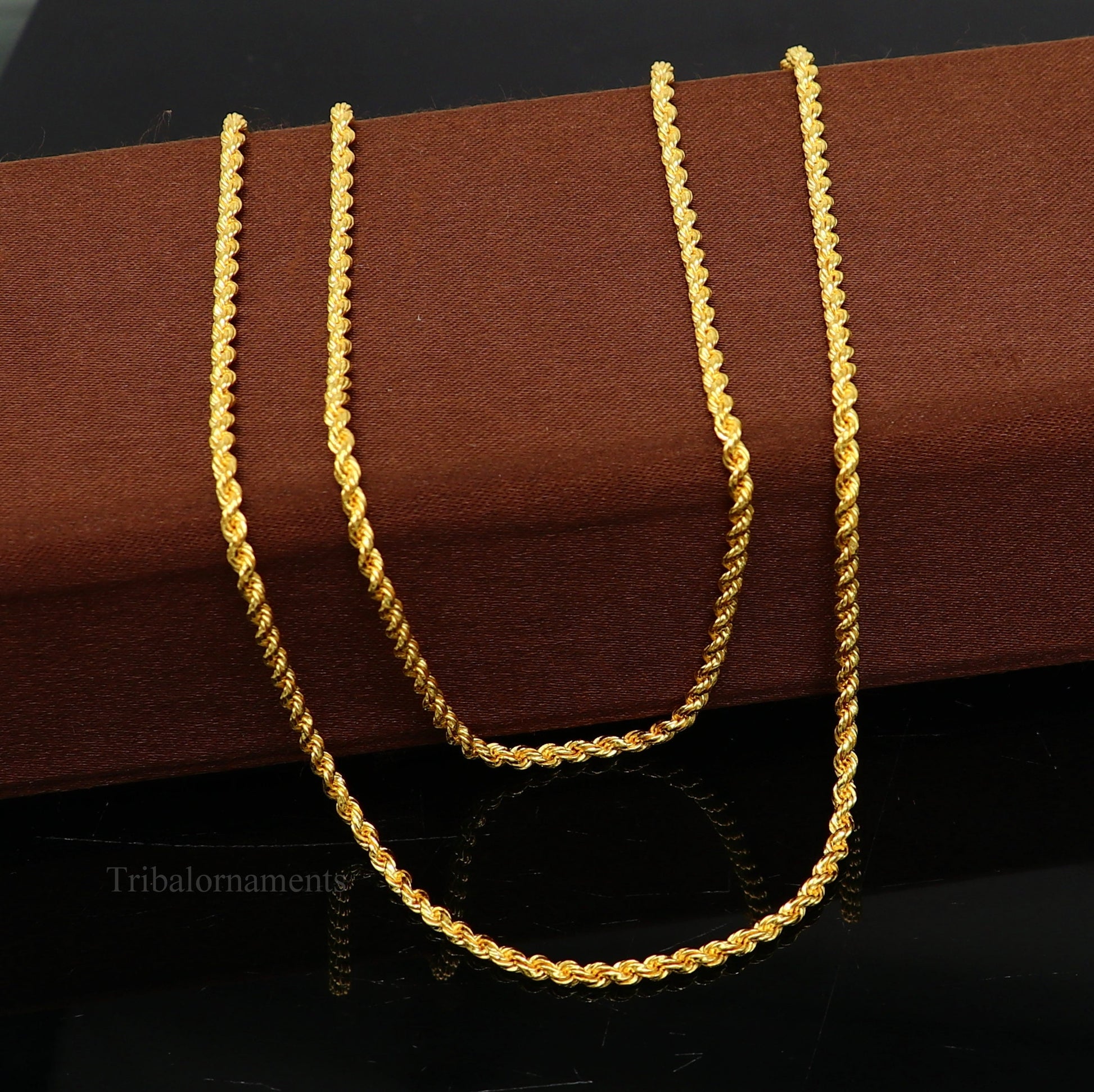 22k yellow gold handmade twisted rope chain necklace, 2mm wide, unisex jewelry by TRIBAL ORNAMENTS, solid gold design.
