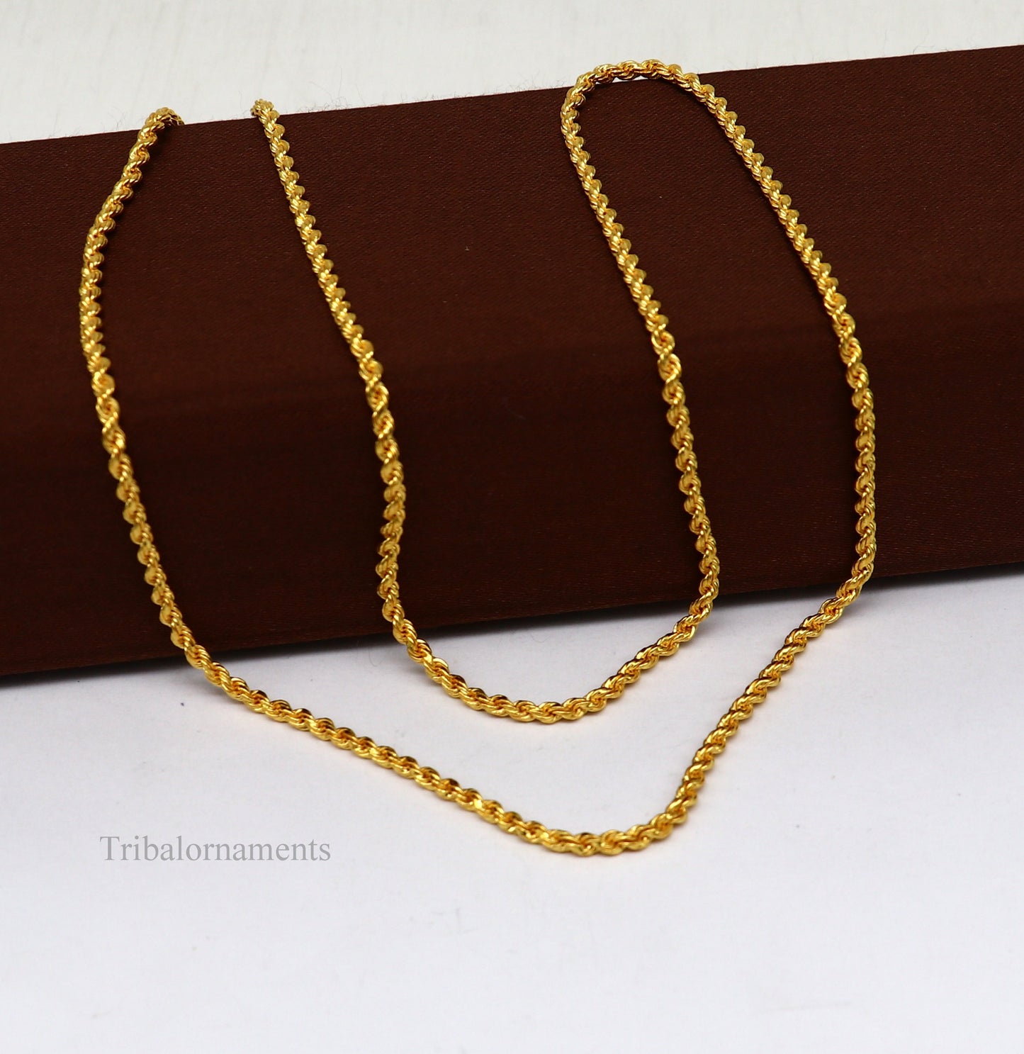 22k yellow gold handmade twisted rope chain necklace, 2mm wide, unisex solid jewelry from Tribal Ornaments.