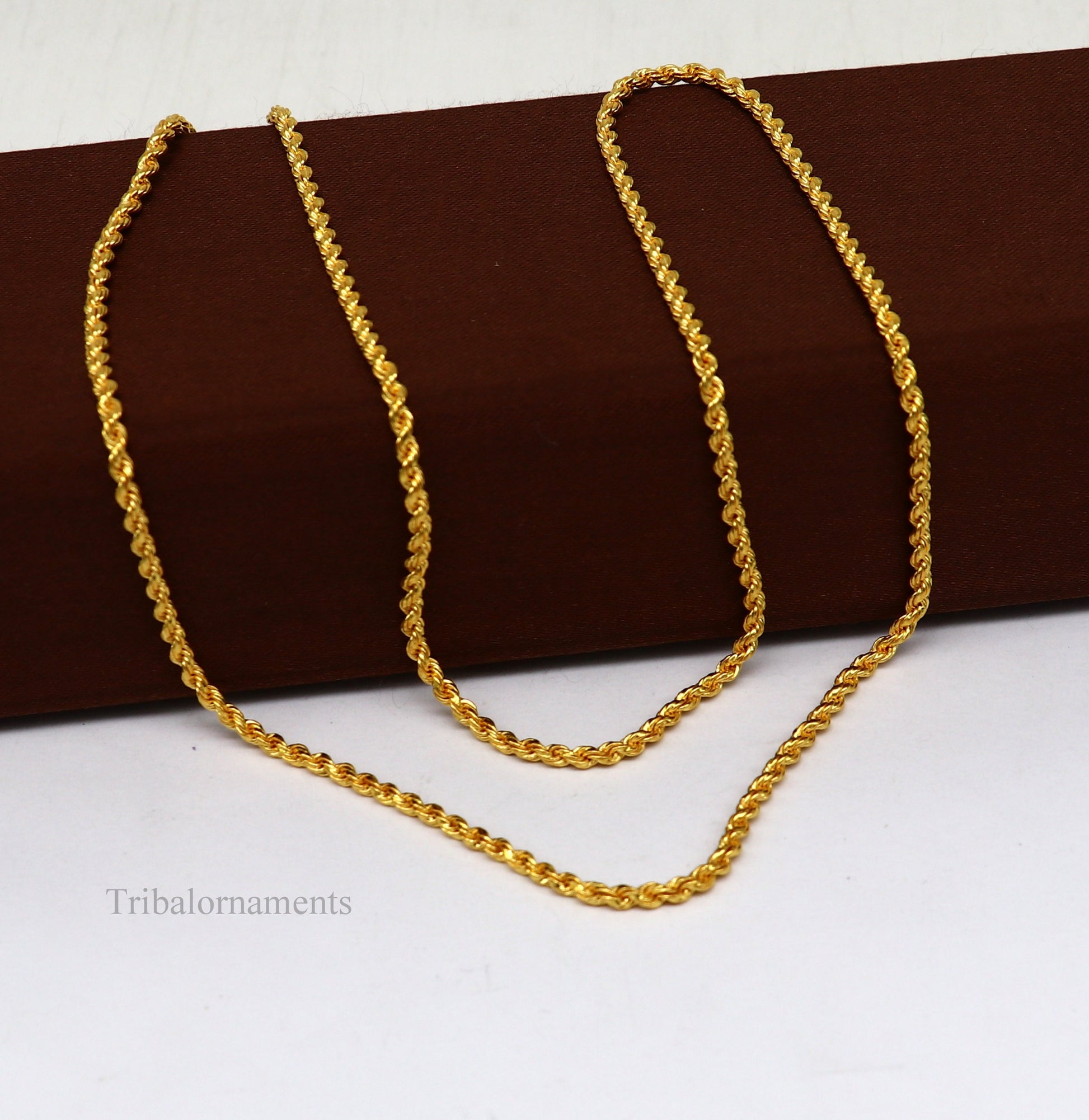 22k yellow gold handmade twisted rope chain necklace, 2mm wide, unisex solid jewelry from Tribal Ornaments.