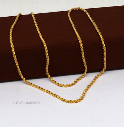 22k yellow gold handmade twisted rope chain necklace, 2mm wide, unisex solid jewelry from Tribal Ornaments.