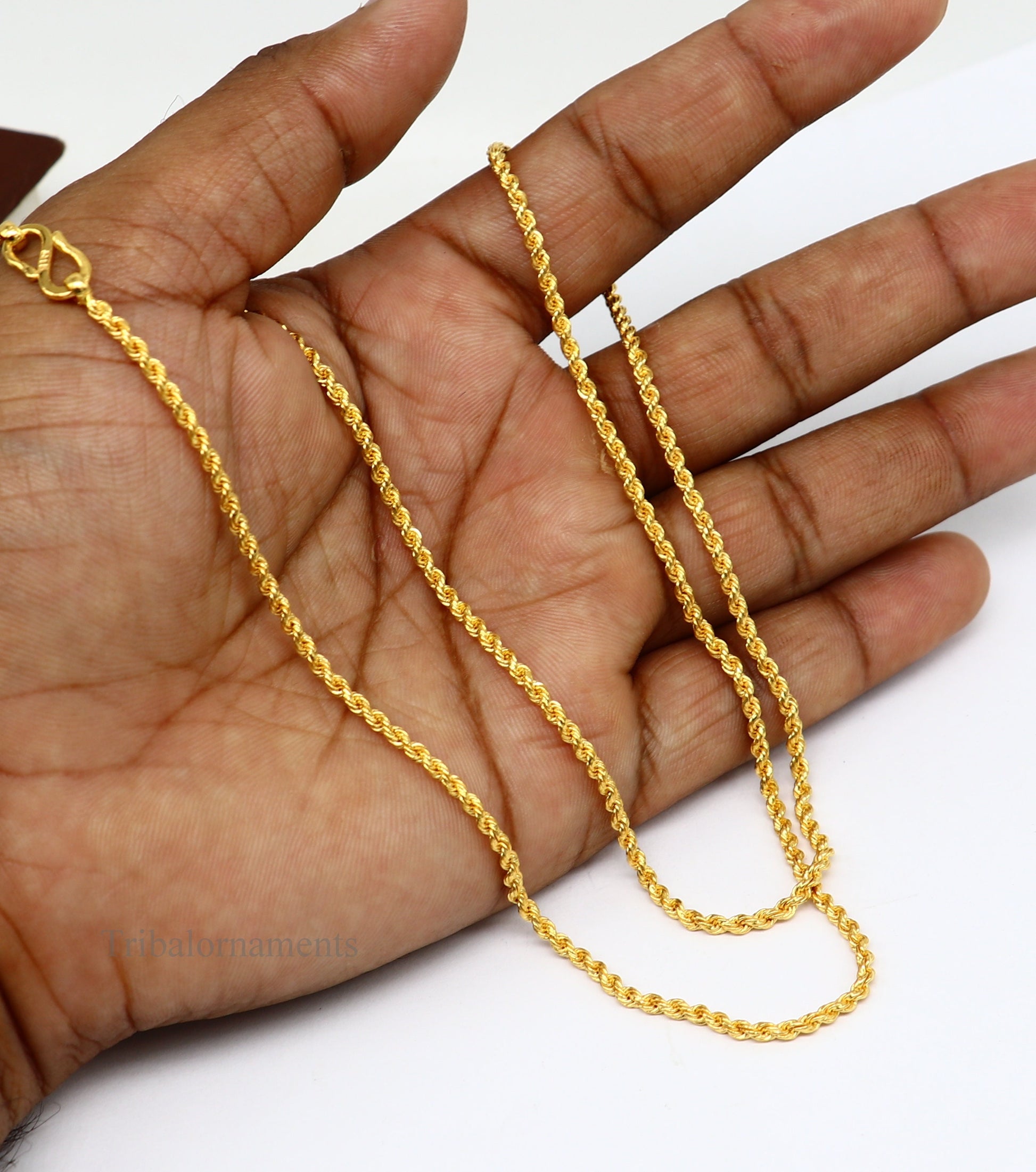 22k yellow gold handmade twisted rope chain necklace, 2mm wide, unisex jewelry by Tribal Ornaments, showcasing intricate craftsmanship.