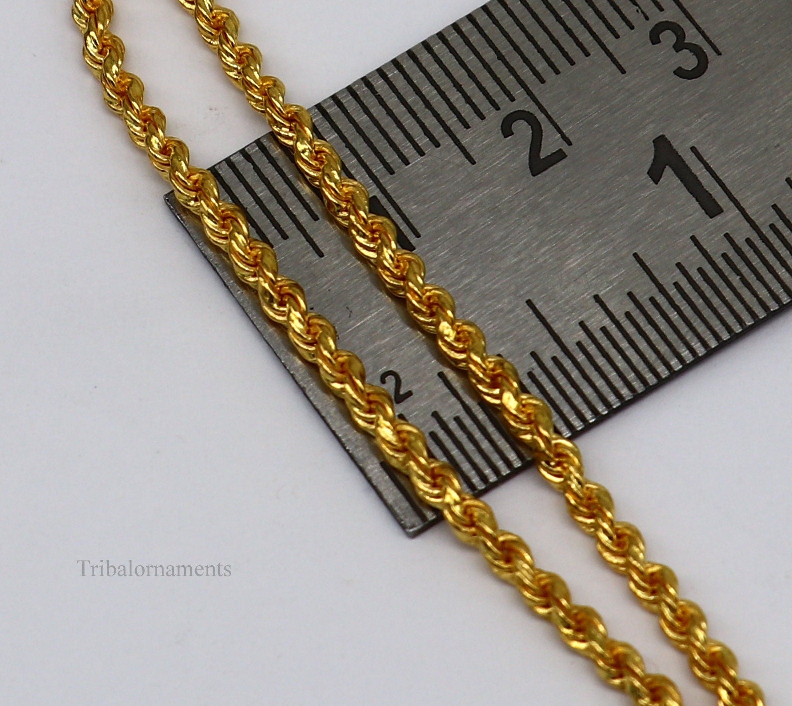 22k yellow gold handmade twisted rope chain necklace, 2mm wide, unisex jewelry with solid design from TRIBAL ORNAMENTS.