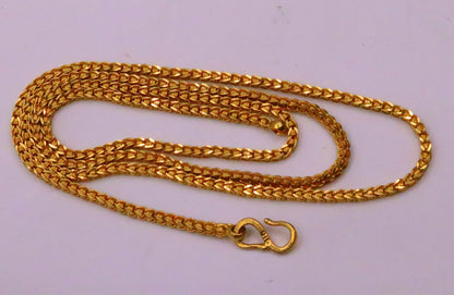 22K yellow gold handmade wheat link chain necklace, 2mm unisex rolo chain, hallmarked long gold jewelry from India.