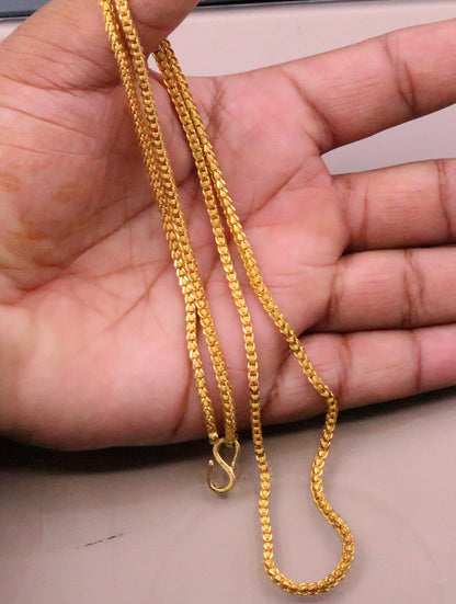 22K yellow gold handmade wheat link chain necklace, 2mm unisex rolo chain, hallmarked long gold jewelry from India by TRIBAL ORNAMENTS.