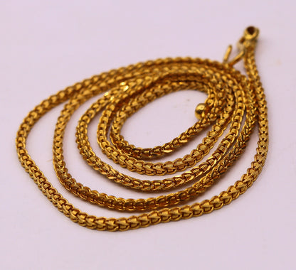 22K yellow gold handmade wheat link chain necklace, 2mm unisex Rolo design, hallmarked long gold jewelry from India.