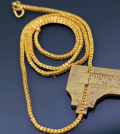 22K yellow gold handmade wheat link chain necklace, 2mm unisex rolo chain, hallmarked long gold jewelry from India.