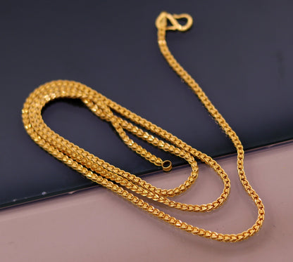 22K yellow gold handmade wheat link chain necklace, 2mm unisex rolo chain with hallmarked long gold jewelry from India.