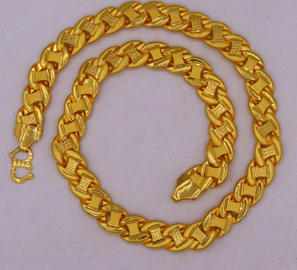 22K yellow gold handmade hollow link chain necklace, 12mm unisex statement jewelry, hallmarked flexible gold chain by TRIBAL ORNAMENTS.