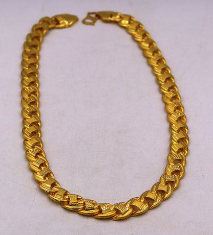 22K yellow gold hollow link chain necklace, handmade 12mm unisex statement jewelry with flexible design and 916 hallmark from TRIBAL ORNAMENTS.