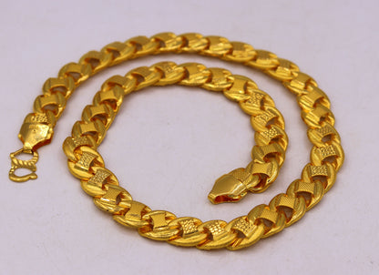 22K yellow gold hollow link chain necklace with 12mm links, handmade unisex statement jewelry, hallmarked 916, flexible design.