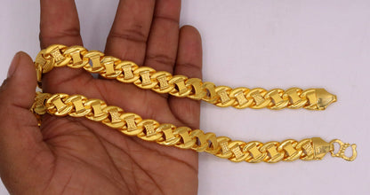 Handmade 22K yellow gold hollow link chain necklace with 12mm links, unisex statement jewelry, hallmarked and flexible design.