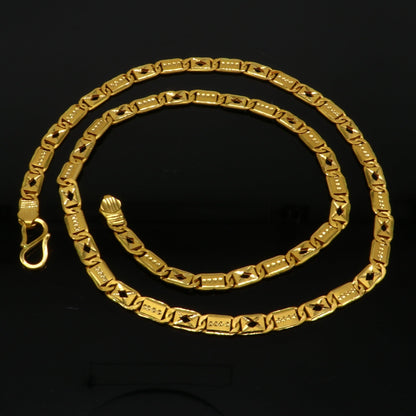 22K yellow gold royal Nawabi Baht chain necklace, handmade bar chain design for men, hallmarked 916, custom gifting jewelry.