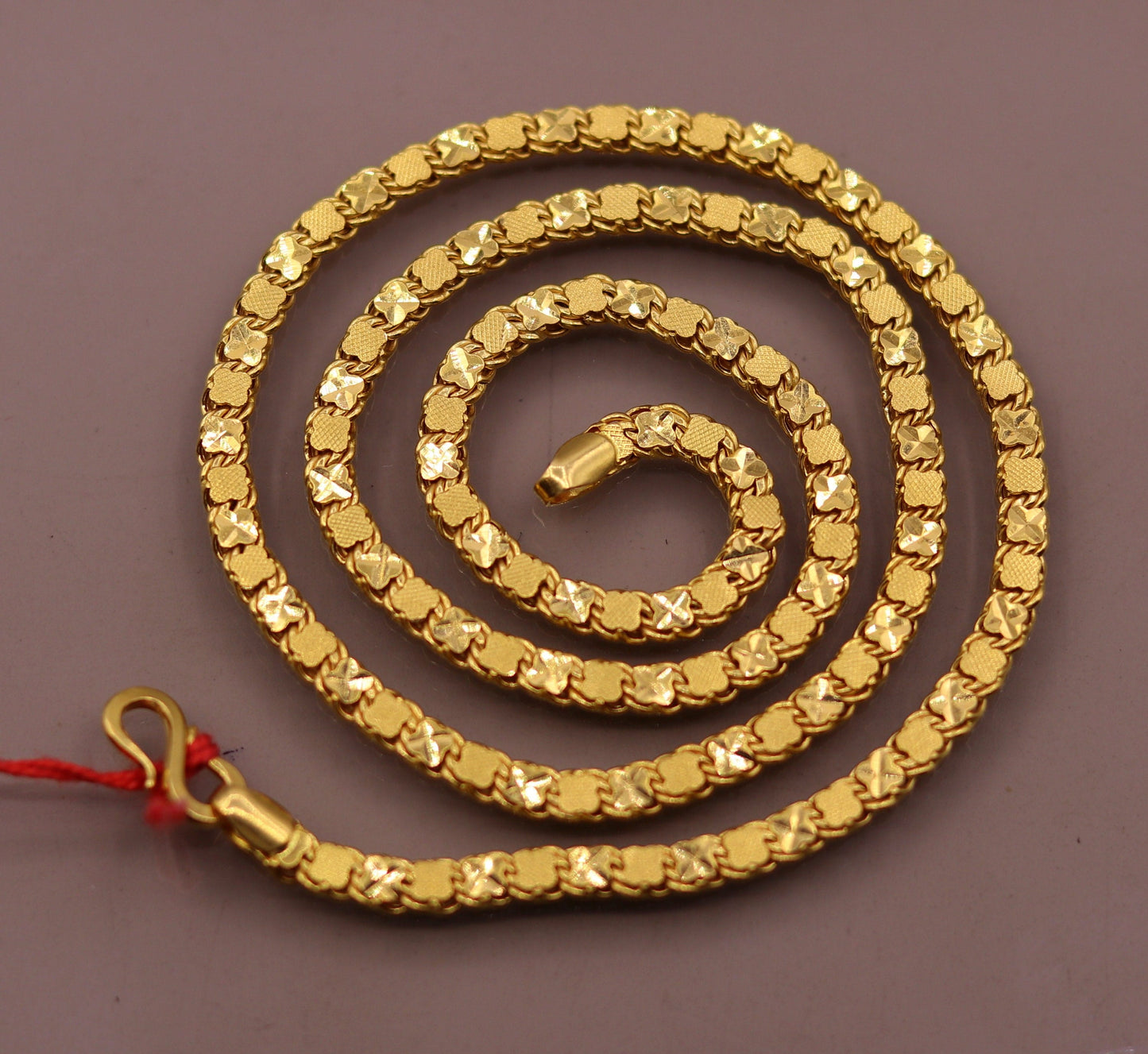 22K yellow gold handmade chain necklace with Indian design, 4mm wide, hallmarked 916, unisex jewelry by TRIBAL ORNAMENTS.