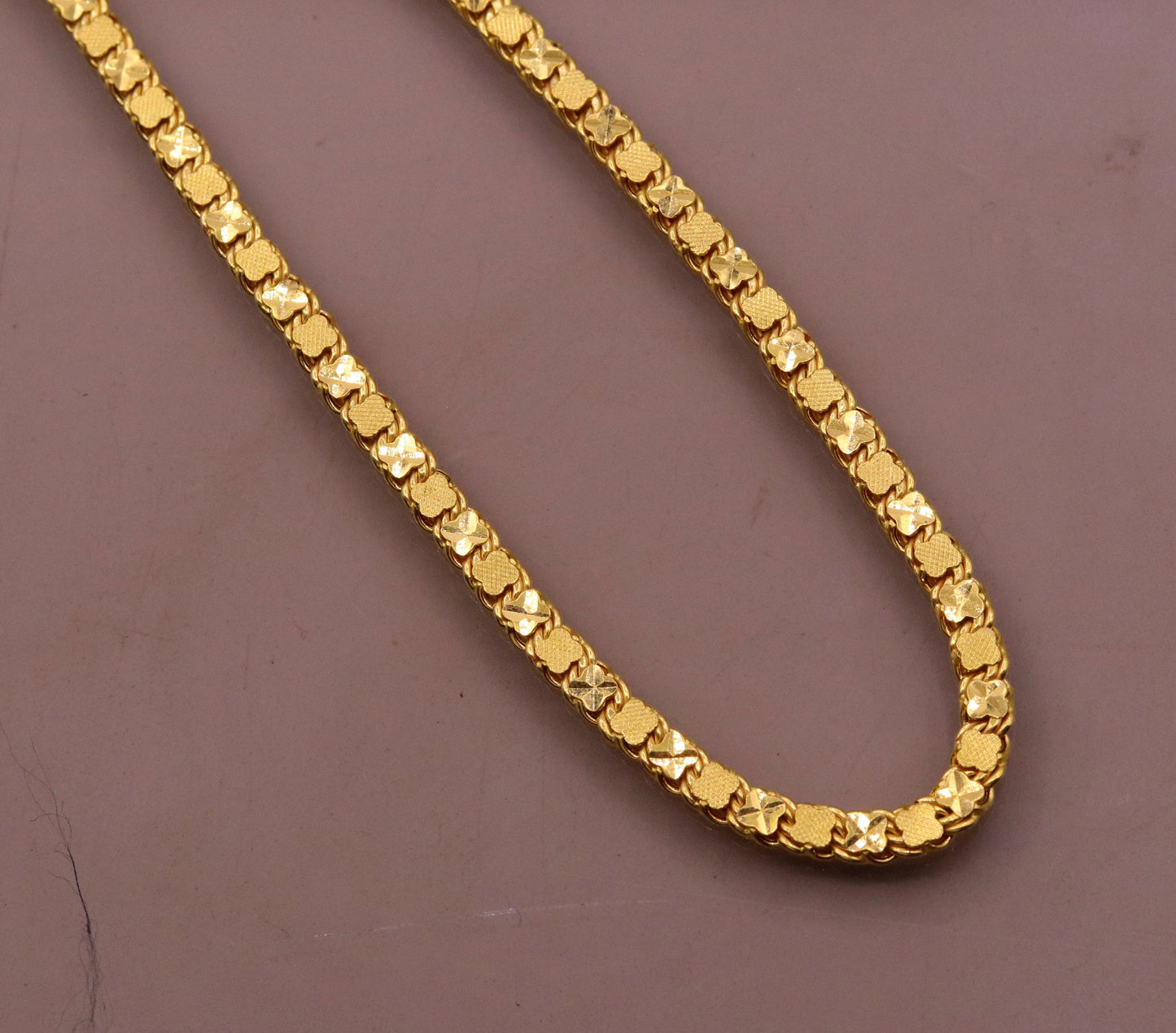 22K yellow gold solid handmade chain necklace with Indian design, 4mm wide, hallmarked 916, unisex gifting jewelry by TRIBAL ORNAMENTS.