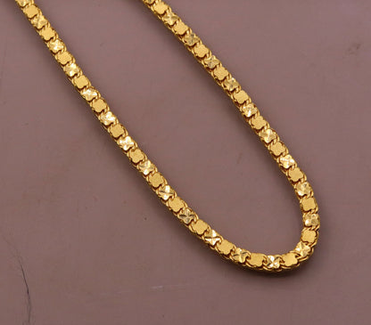 22K yellow gold solid handmade chain necklace with Indian design, 4mm wide, hallmarked 916, unisex gifting jewelry by TRIBAL ORNAMENTS.