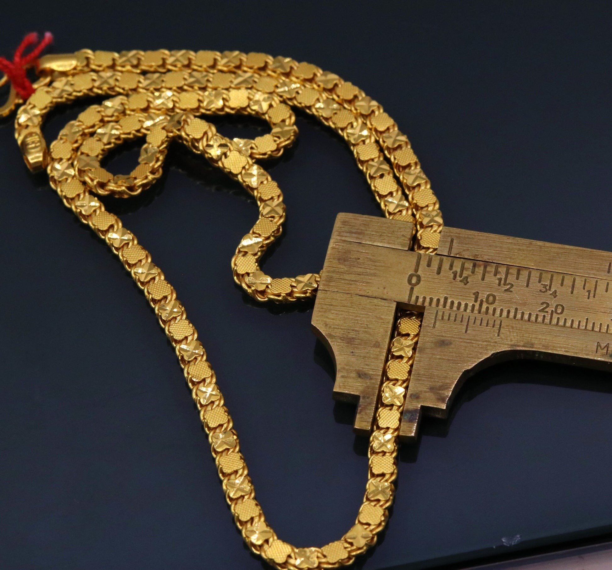 22K yellow gold solid handmade chain necklace, 4mm wide with Indian design, hallmarked 916, unisex jewelry from TRIBAL ORNAMENTS.