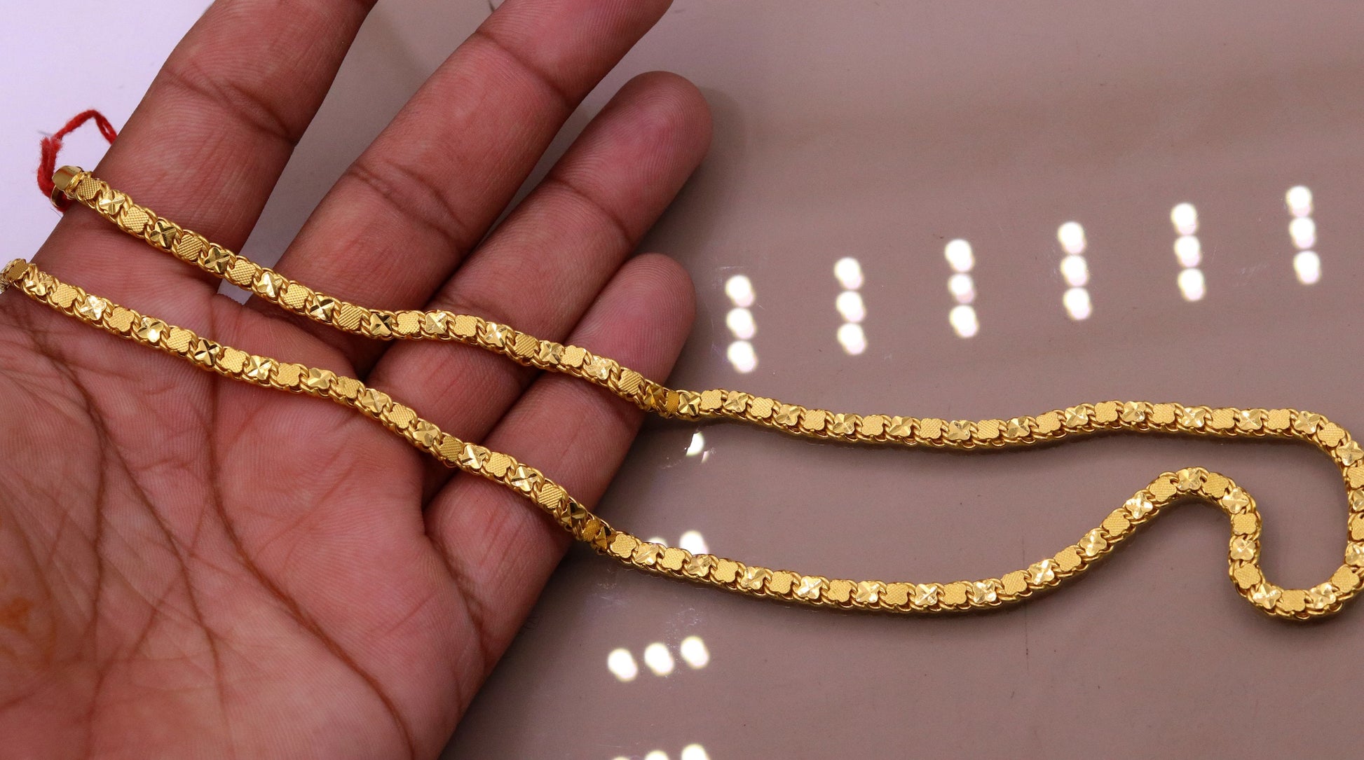 22K yellow gold solid handmade chain necklace with Indian design, 4mm wide, hallmarked 916, unisex jewelry by Tribal Ornaments.