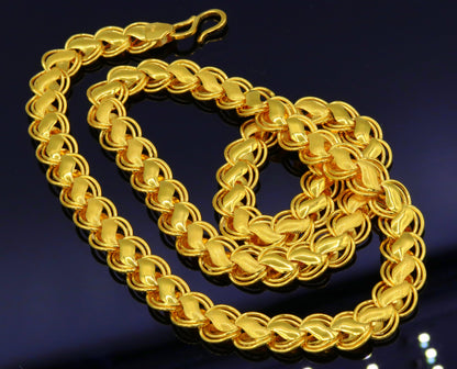 22K yellow solid gold handmade lotus chain necklace by TRIBAL ORNAMENTS, unisex design, 18-26 inches, heavy royal gold chain.