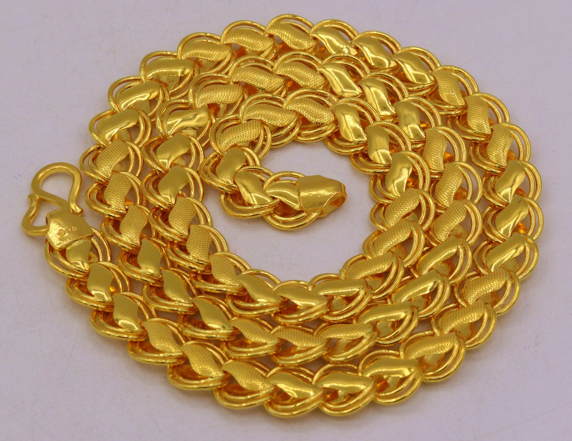 22K yellow solid gold handmade lotus chain necklace, unisex heavy royal gold chain, 18-26 inches, from Tribal Ornaments.