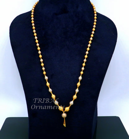 22KT yellow gold beaded chain necklace with white gold rhodium accents, handmade Indian wedding jewelry, ideal for brides and anniversaries