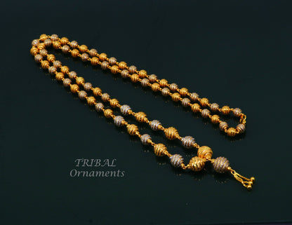 22KT yellow gold beaded chain necklace with white gold rhodium-plated accents, handmade Indian wedding jewelry by TRIBAL ORNAMENTS