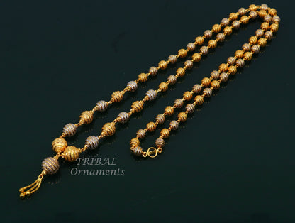 22KT yellow gold beaded chain necklace by TRIBAL ORNAMENTS, handmade Indian wedding jewelry with white gold rhodium accents.