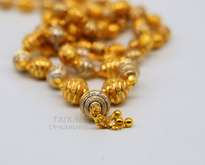 22KT yellow gold beaded chain necklace by TRIBAL ORNAMENTS, handmade Indian wedding jewelry with white gold rhodium accents.