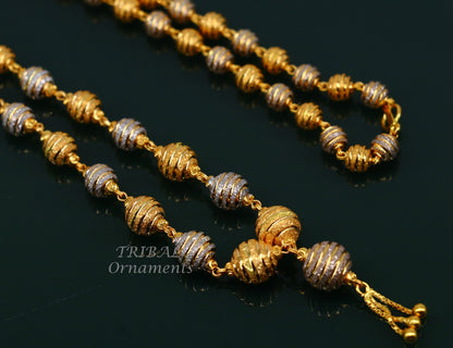 22KT yellow gold beaded chain necklace with white gold rhodium accents, handmade Indian wedding jewelry by TRIBAL ORNAMENTS.