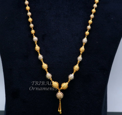 22KT yellow gold beaded chain necklace by Tribal Ornaments, handmade Indian wedding jewelry with white gold rhodium accents.