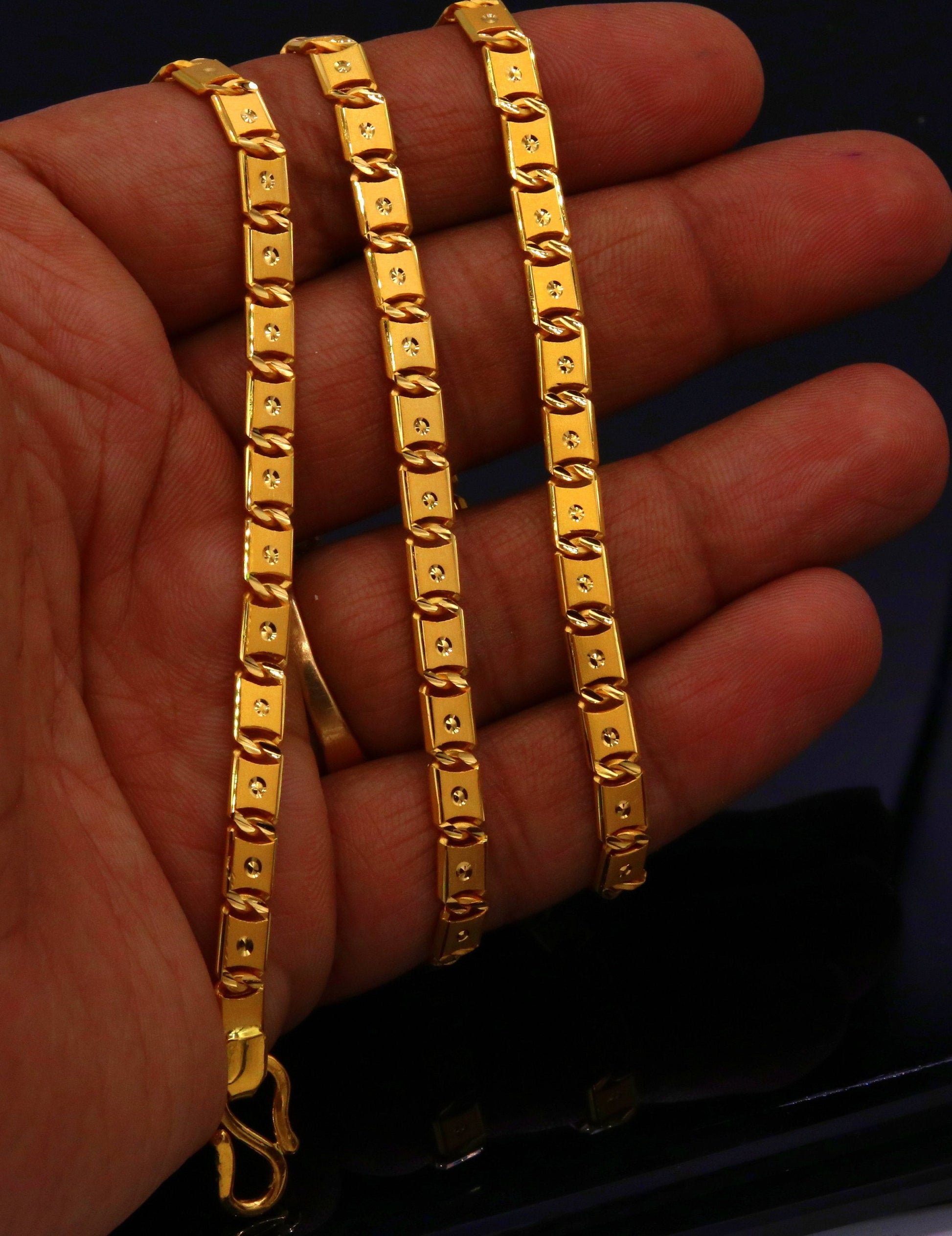 22KT yellow gold diamond cut Nawabi chain necklace, 5mm unisex designer jewelry by Tribal Ornaments, handmade for men and women.