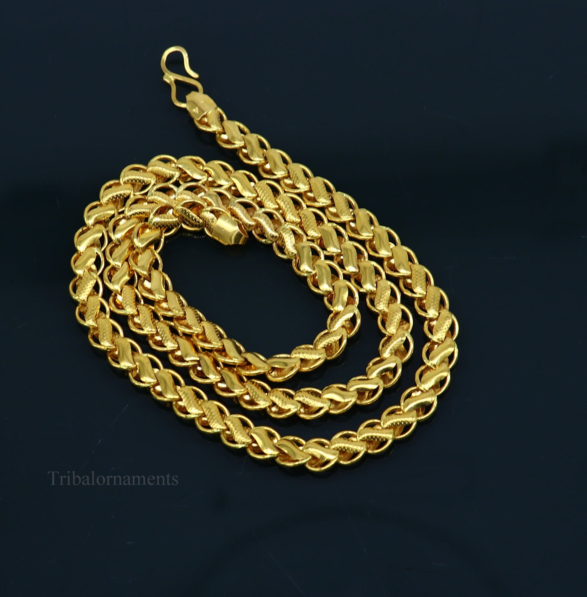 22Kt yellow gold handmade Royal King Lotus chain necklace by TRIBAL ORNAMENTS, unisex with hallmarked design.