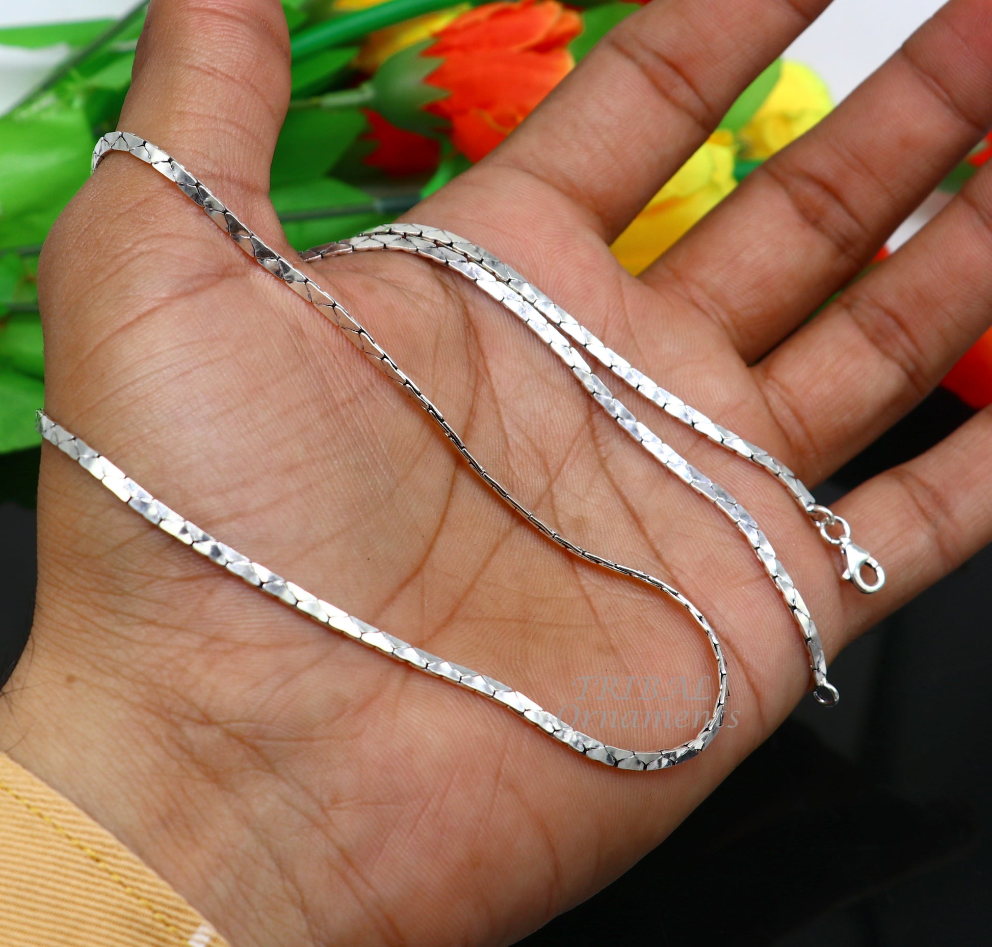 Sterling silver handmade tribal chain necklace, 18-22 inches, oxidized silver finish, unique style, 2mm thick, trendy jewelry accessory.