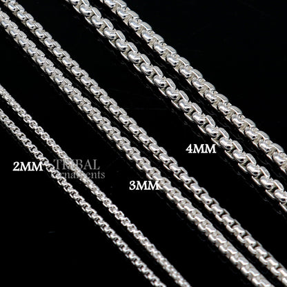 Sterling silver handmade Rolo chain necklace in 2/3/4mm thickness, delicate and high-quality unisex jewelry from Tribal Ornaments.