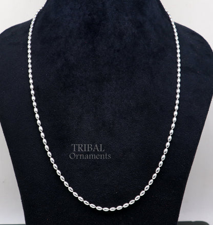 Tribal Ornaments 3mm sterling silver beaded Baht chain necklace, delicate and trendy, showcasing fine handmade craftsmanship.