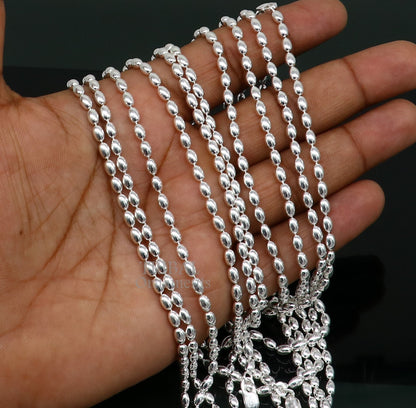 Tribal Ornaments 3mm sterling silver beaded baht chain necklace, delicate and trendy jewelry for elegant movement.