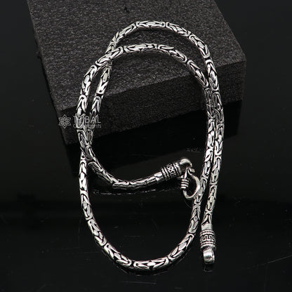 Sterling silver 4mm vintage Byzantine chain necklace by Tribal Ornaments, showcasing intricate handmade design and heavy, luxurious craftsmanship.