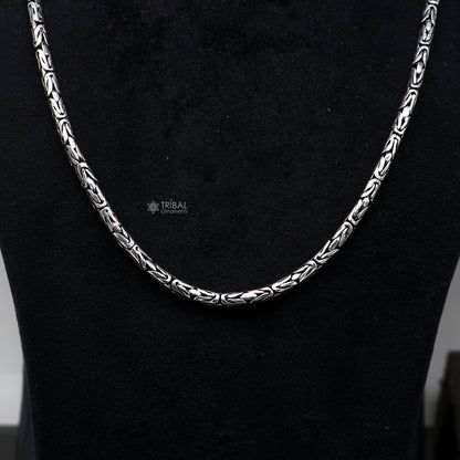 Sterling silver vintage Byzantine chain necklace with 4mm links, handcrafted tribal design, heavy and luxurious jewelry piece.