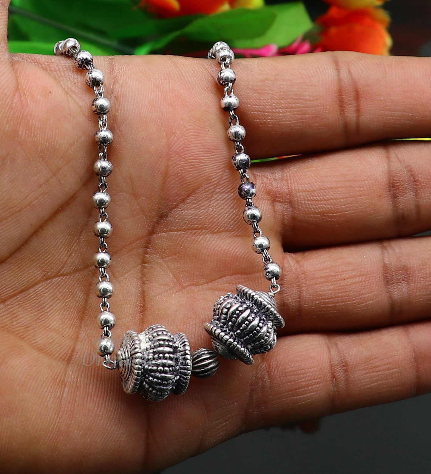 925 sterling silver 4mm beads ball chain necklace with gorgeous antique design ball pendant customized tribal classical jewelry set531 - TRIBAL ORNAMENTS