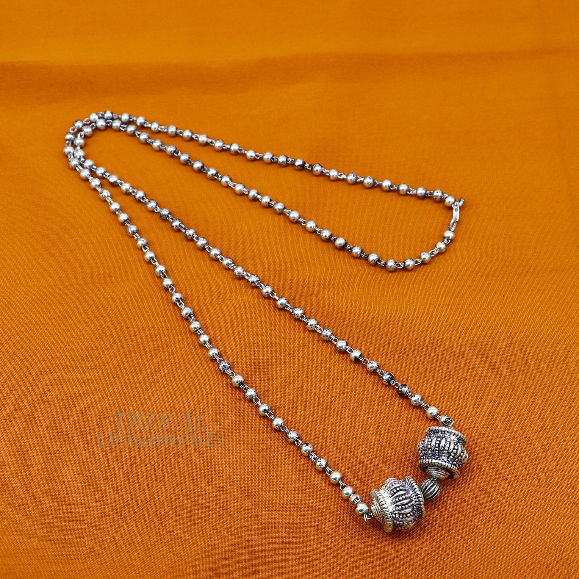 925 sterling silver 4mm beads ball chain necklace with gorgeous antique design ball pendant customized tribal classical jewelry set531 - TRIBAL ORNAMENTS