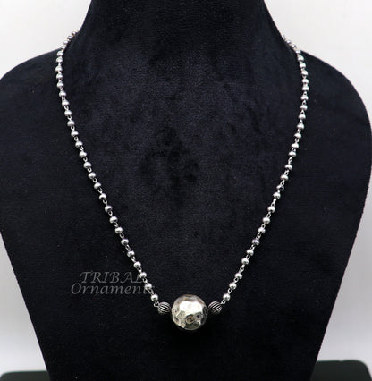 925 sterling silver 4mm beads ball chain necklace with antique design ball pendant, tribal classical jewelry by TRIBAL ORNAMENTS