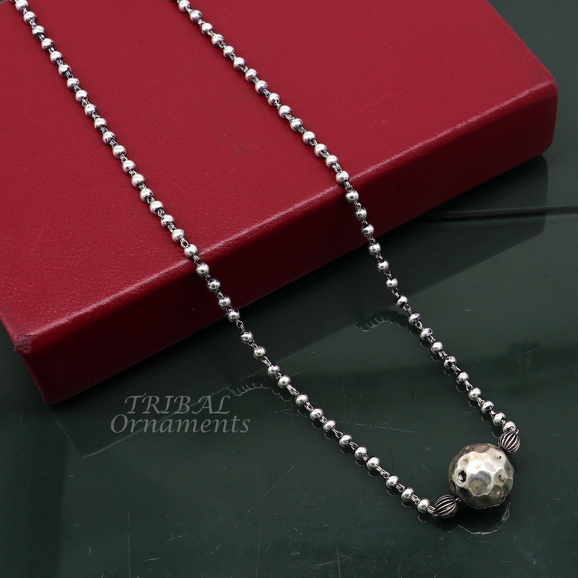 925 sterling silver 4mm beads ball chain necklace with gorgeous antique design ball pendant customized tribal classical jewelry set532 - TRIBAL ORNAMENTS
