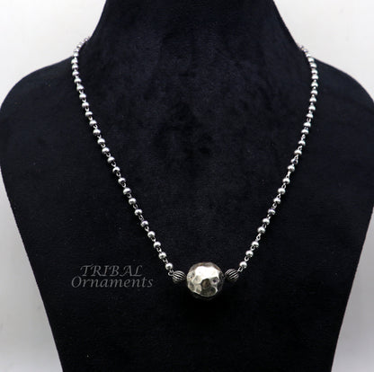 925 sterling silver 4mm beads ball chain necklace with antique design ball pendant, part of tribal classical jewelry set by TRIBAL ORNAMENTS.