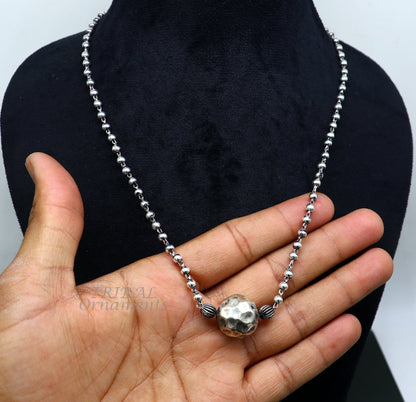 Sterling silver 4mm beads ball chain necklace with antique design ball pendant from Tribal Ornaments, part of a tribal jewelry set.
