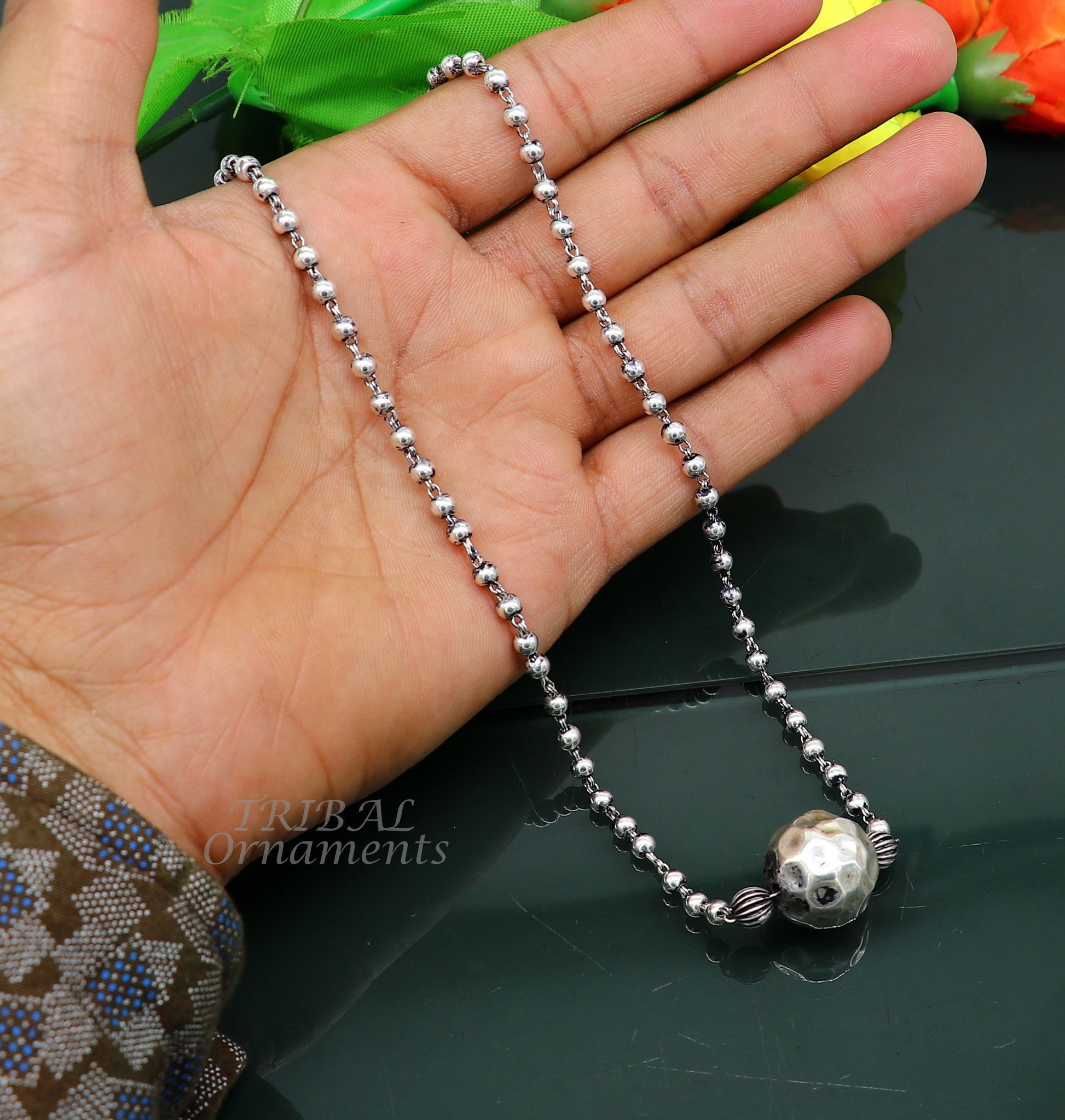 925 sterling silver 4mm beads ball chain necklace with gorgeous antique design ball pendant customized tribal classical jewelry set532 - TRIBAL ORNAMENTS