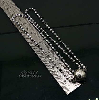 925 sterling silver 4mm beads ball chain necklace with antique design tribal pendant, part of TRIBAL ORNAMENTS jewelry set.